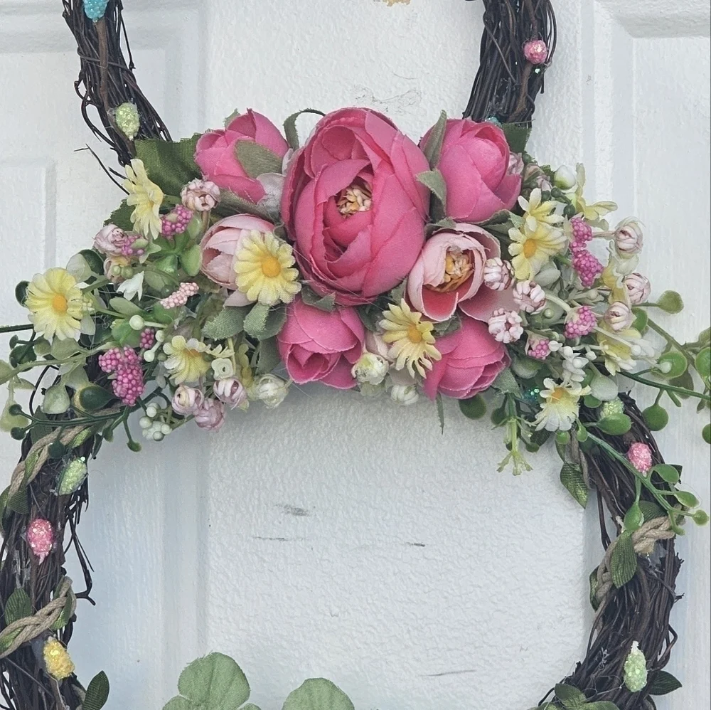 Handmade floral bunny Spring/Easter Wreath with Different shades of pink florals